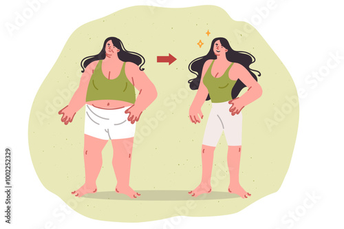 Transformation of fat woman into thin girl, thanks to low-calorie diet and fitness