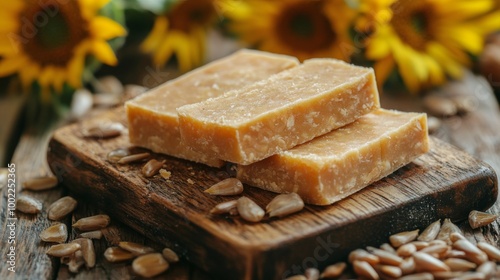 Sunflower seed soap bars on a wooden board with bright flowers in the background
