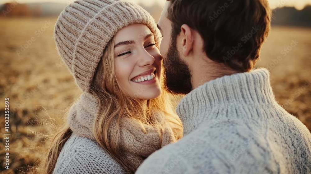 Couple Embracing in a Cozy Autumn Field at Sunset Couple Embracing in a Cozy Autumn Field at Sunset