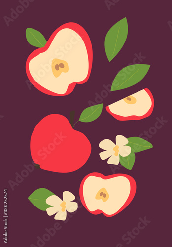 Abstract vertical apple poster, vector flat illustration. Summer or autumn bright pattern with fruit, harvest cover design. Can used for labels, market ad, posters, covers for print.