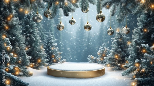A snowy winter wonderland with golden ornaments and festive decorations in a ...