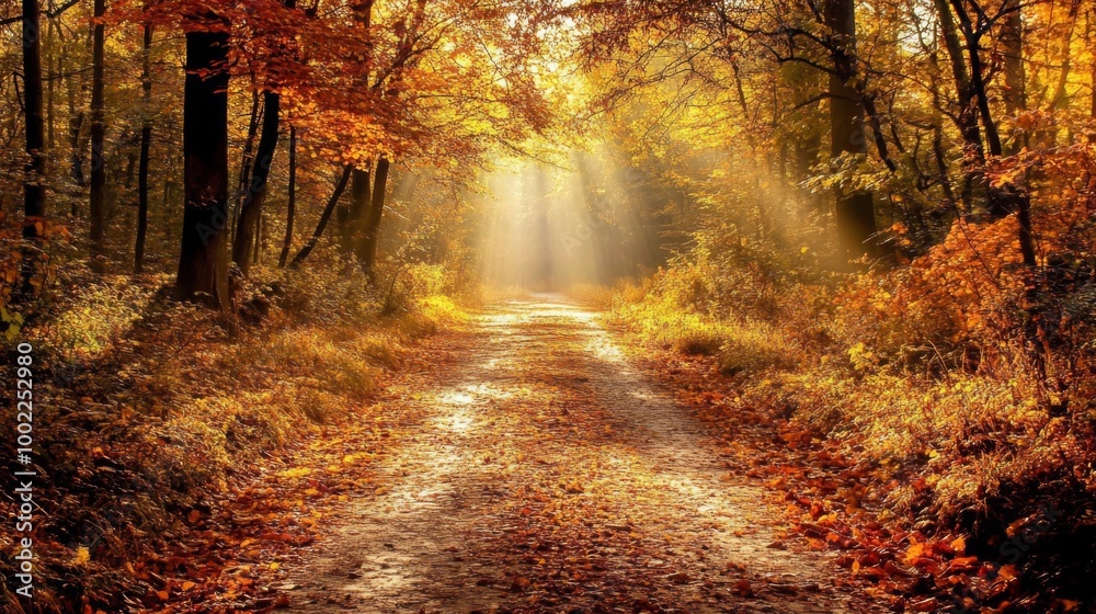 Sunbeams Illuminate a Path Through an Autumn Forest Sunbeams Illuminate a Path Through an Autumn Forest