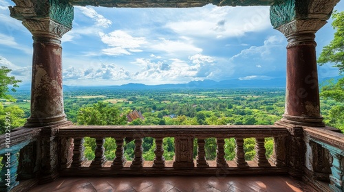 The scenic view from Wat Phra Maha Chedi Chai Mongkol terrace, overlooking the lush greenery and surrounding countryside. photo