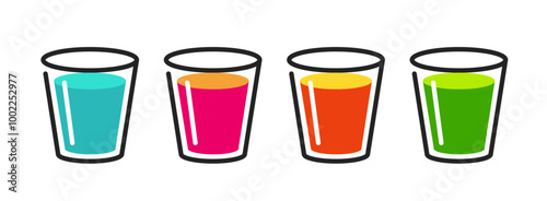Glass juice drink icon simple line stroke graphic illustration set, red pink green orange fruit strawberry water lemonade cups outline sorts pictogram image clip art, liqueur alcohol bar beverages