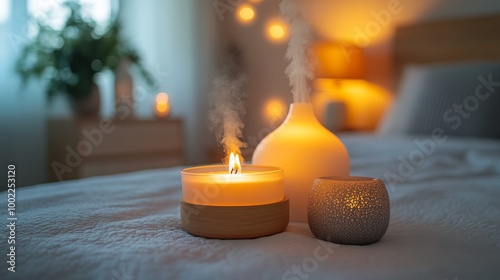 Cozy evening ambiance with candles and diffusers in a relaxing bedroom setting