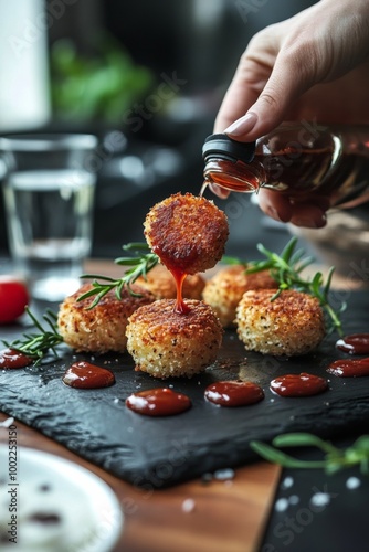 Hand drizzling sauce over crispy fried food on a slate plate