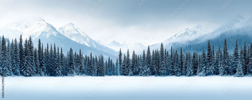 Obraz premium Snow-laden pine trees surrounding a frozen lake, distant peaks and cloudy skies, deep depth of field, capturing the stillness of winter, Winter is coming.
