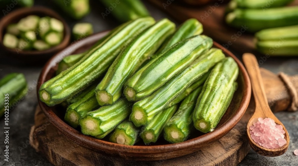 Fresh okra and sliced vegetables on a wooden serving platter with salt Fresh okra and sliced vegetables on a wooden serving platter with salt