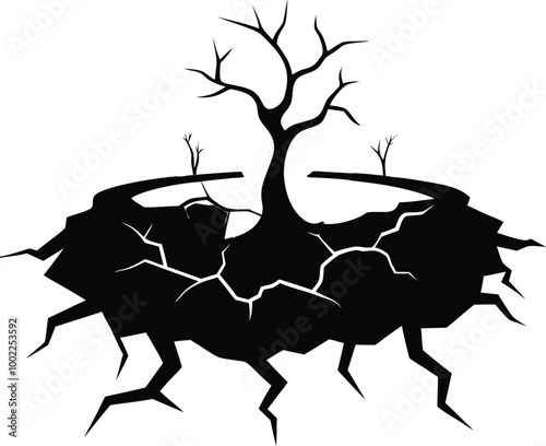 Silhouette of a cracked hole in the ground. Vector illustration on black and white.