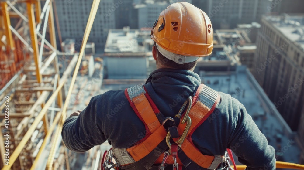 including a harness and hard hat, working on a high construction site with visible safety barriers including a harness and hard hat, working on a high construction site with visible safety barriers