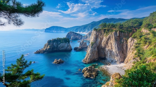 The stunning cliffs and blue waters of Jeongdongjin Beach, known for its beautiful sunrise views and picturesque scenery. photo