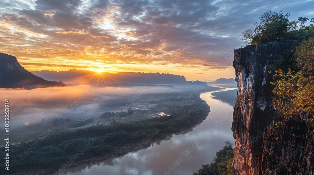 The stunning cliffs of Pha Taem National Park at sunrise, overlooking the Mekong River and Laos beyond. The stunning cliffs of Pha Taem National Park at sunrise, overlooking the Mekong River and Laos beyond.
