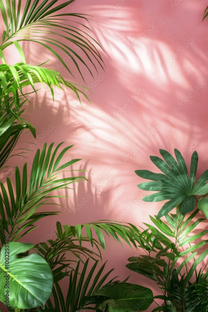 Lush green leaves casting shadows on a pink wall in a bright indoor space