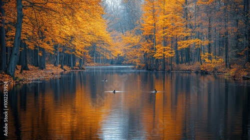 Tranquil autumn landscape with colorful trees reflecting in a serene river at...
