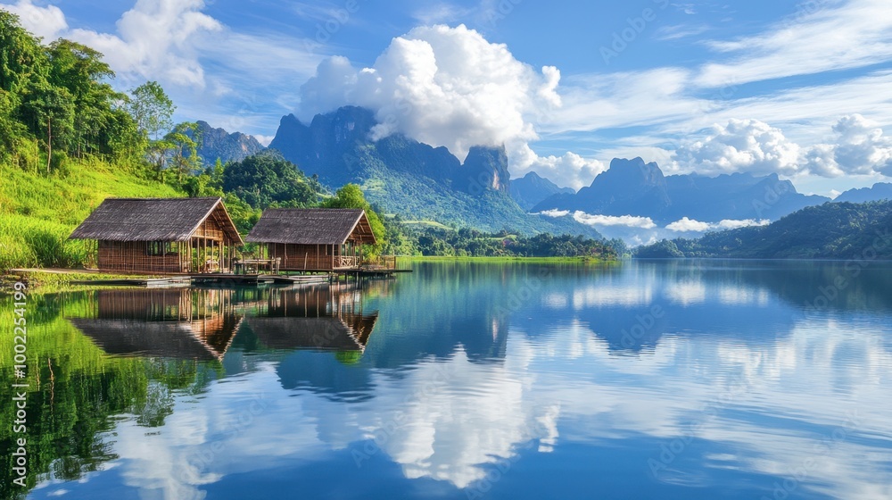 The stunning mirror-like surface of Huay Tung Tao Lake, reflecting the surrounding mountains and bamboo huts. The stunning mirror-like surface of Huay Tung Tao Lake, reflecting the surrounding mountains and bamboo huts.