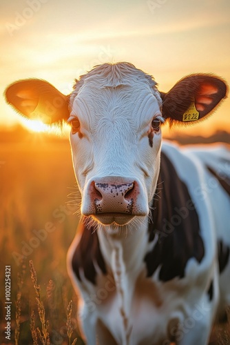 Calf stands in a field at sunset with golden light illuminating its face