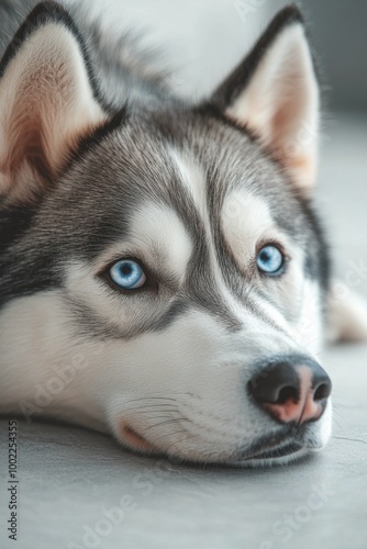 Grey and white husky with blue eyes resting indoors in bright natural light