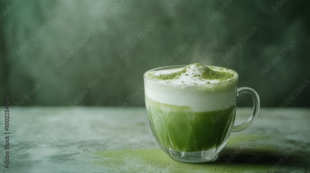 Matcha latte served in a contemporary glass cup, a fusion of modern and traditional Matcha latte served in a contemporary glass cup, a fusion of modern and traditional