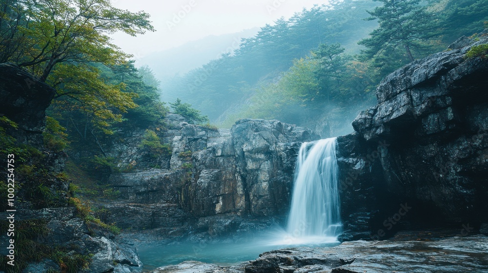 Naklejka premium The stunning view of the cliffs and waterfalls at the scenic Odaesan National Park.