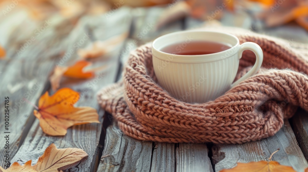 Cozy Knitted Sweater with Tea on Rustic Table Cozy Knitted Sweater with Tea on Rustic Table