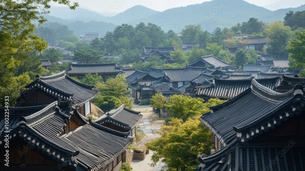 The stunning view of the Hanok Village in Jeonju, known for its preserved traditional architecture. The stunning view of the Hanok Village in Jeonju, known for its preserved traditional architecture.