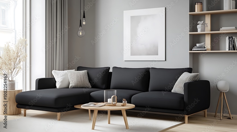 A sleek black Scandinavian sofa in an open-concept living area with minimalist shelving and light wood floors. A sleek black Scandinavian sofa in an open-concept living area with minimalist shelving and light wood floors.