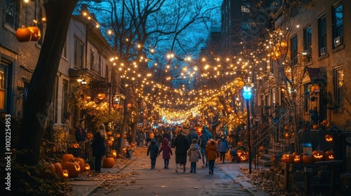 Festive Halloween celebration on a decorated street with glowing pumpkins and...