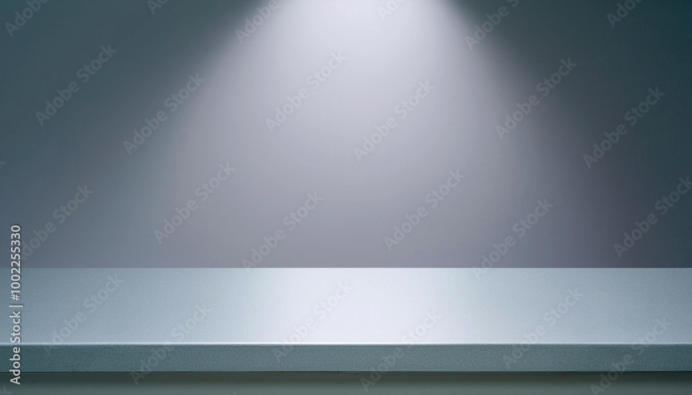 Clear glass countertop with a bare shelf. Kitchen counter with spot light on a gray background. The surface of the bar desk in front Clear glass countertop with a bare shelf. Kitchen counter with spot light on a gray background. The surface of the bar desk in front