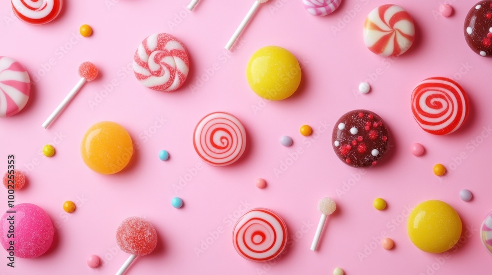 Colorful Candies and Lollipops on Pink Background Colorful Candies and Lollipops on Pink Background