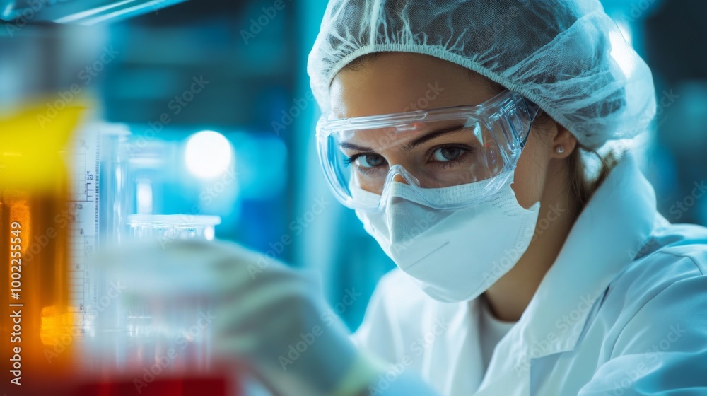 Female Scientist in Lab Coat and Safety Gear Focused on Experiment Female Scientist in Lab Coat and Safety Gear Focused on Experiment