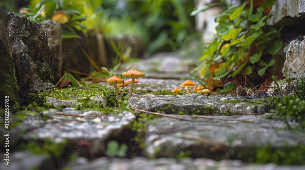 Mushrooms Growing Between Cracks of Old Stone Pathway Mushrooms Growing Between Cracks of Old Stone Pathway