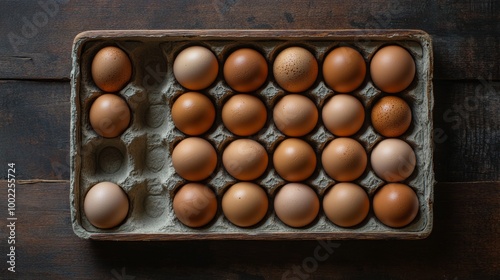 Organic brown eggs arranged neatly in a rustic wooden tray, emphasizing natural simplicity photo