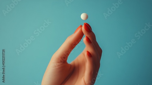 Woman holding a white pill with red nails against a blue background