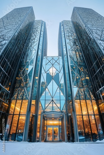 Modern glass skyscraper illuminated at dusk in an urban setting
