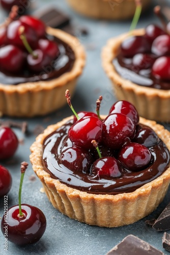 Decadent chocolate tartlets topped with cherries on a dark background photo