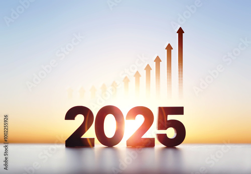 Rising arrow graph and rising sun 2025 new year sunrise, stock finance economy industry growth investment goal concept
 photo