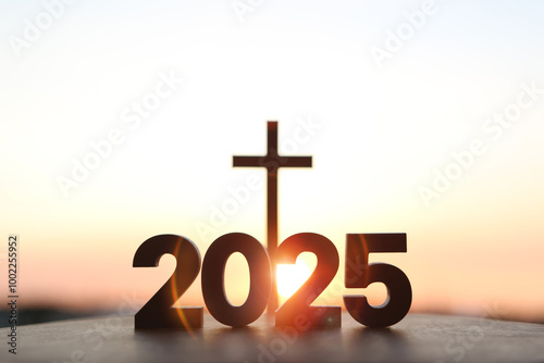 Canvas Print The brightly rising sun of the new year 2025, sunrise and sunset, the holy cross