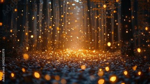 Golden light glimmers through autumn leaves in a tranquil forest path during ...