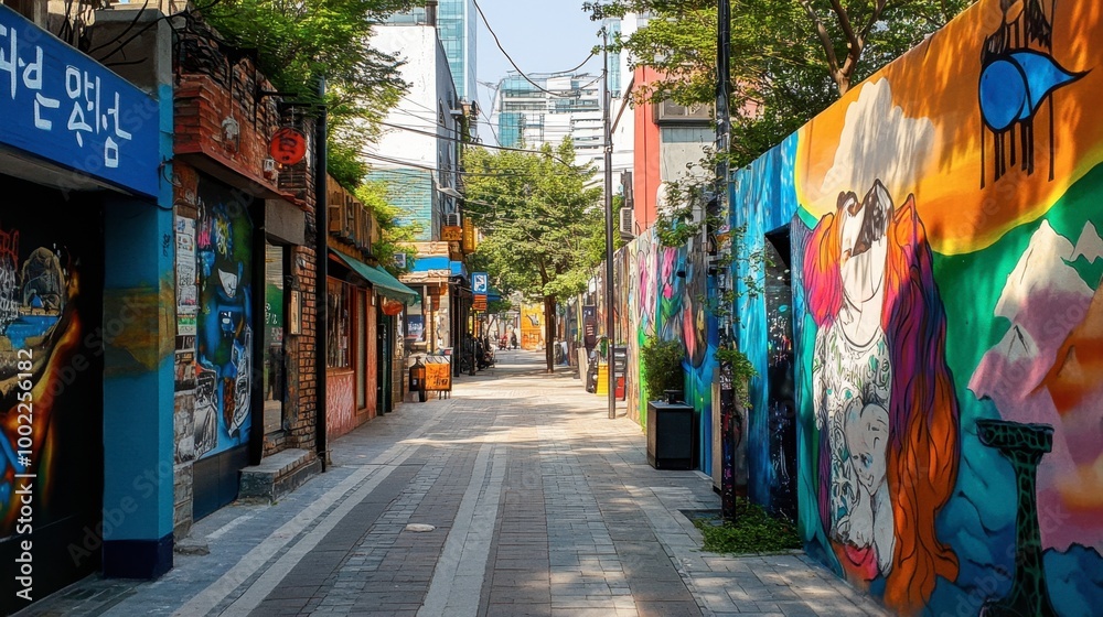 Naklejka premium The vibrant street art scene in Hongdae, showcasing colorful murals and youthful energy.