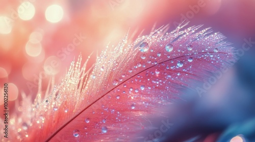 Close-up of a pink feather with dew drops glistening in soft light at dawn