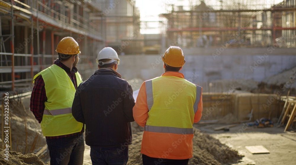 Workers in high-visibility safety vests and helmets discussing plans at a construction site Workers in high-visibility safety vests and helmets discussing plans at a construction site