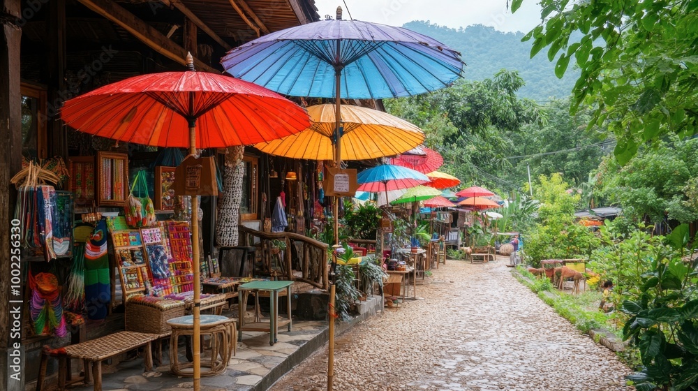 Naklejka premium The vibrant umbrellas and handicrafts at the Bo Sang Umbrella Village, a popular spot for tourists.