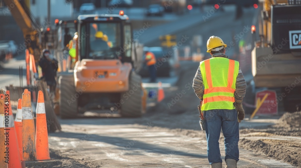 Workers in safety vests and helmets operating machinery at a construction site with safety signs Workers in safety vests and helmets operating machinery at a construction site with safety signs