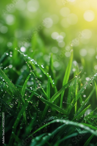 Dew drops glistening on green grass blades during sunrise in a tranquil garden