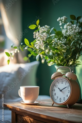 Morning coffee and alarm clock beside a cozy bed with fresh flowers