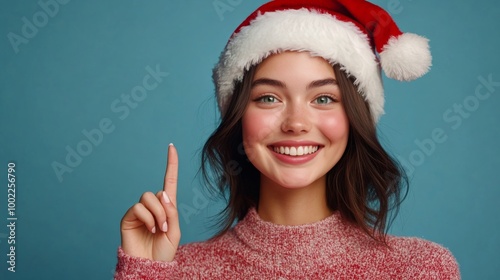 Young girl in a festive sweater and Santa hat celebrating the holiday season ...
