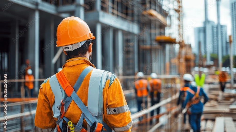 Workers on a construction site using safety equipment like harnesses and helmets, with safety barriers in place Workers on a construction site using safety equipment like harnesses and helmets, with safety barriers in place