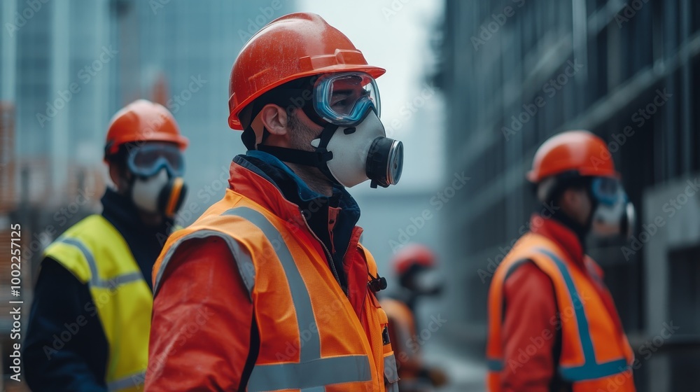 Workers on site wearing full safety gear including helmets, gloves, and reflective vests