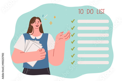 Woman fills out to do list and plans future day, following basic rules of time management
