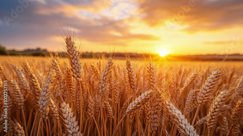 Golden wheat field at sunset in rural landscape photo